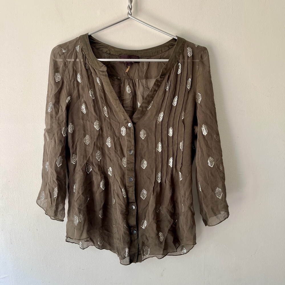Hale Bob Sheer Button Front Olive Sheer Silk Blouse with Metallic Appliqué
